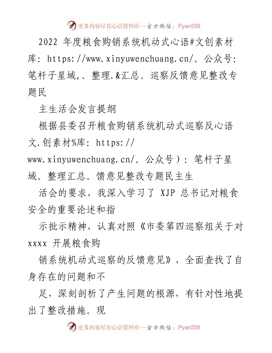 [发言] 民主生活会 - 粮食购销系统巡察整改发言提纲.docx_第1页