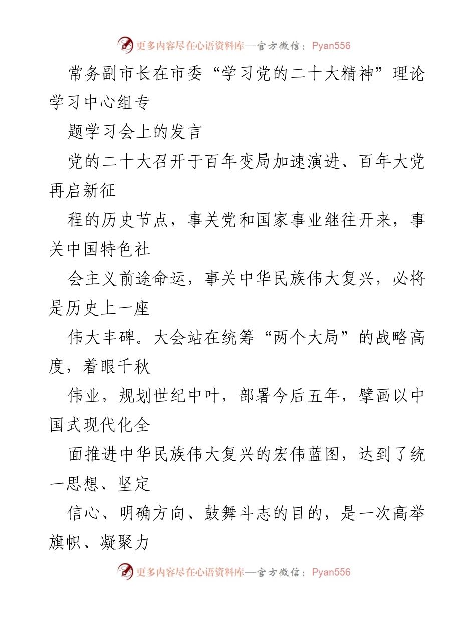 [发言] 理论学习中心组专题学习会 - 深入学习贯彻党的二十大精神，推动新时代高质量发展.docx_第1页
