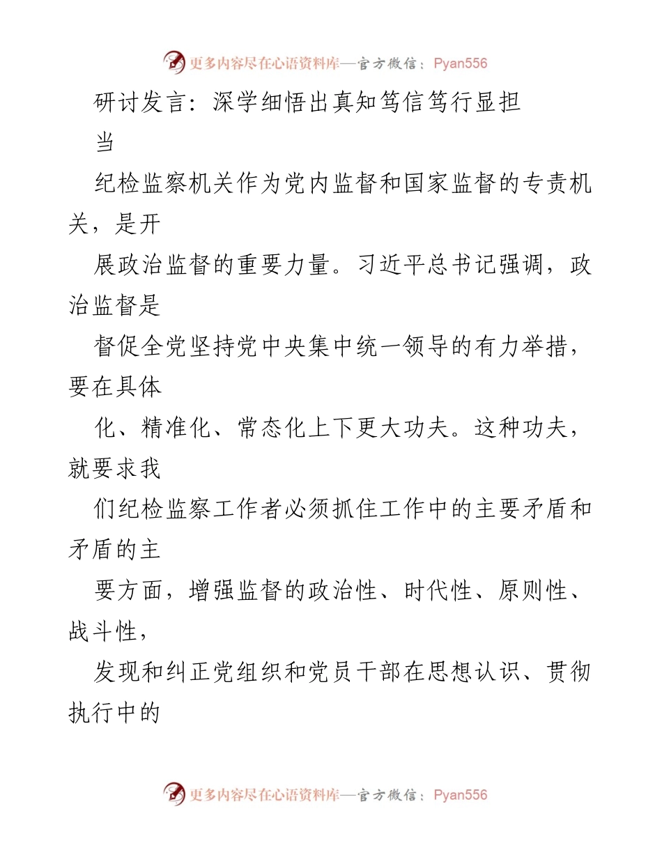 [发言] 研讨会 - 深化政治监督，增强纪检监察责任感.docx_第1页
