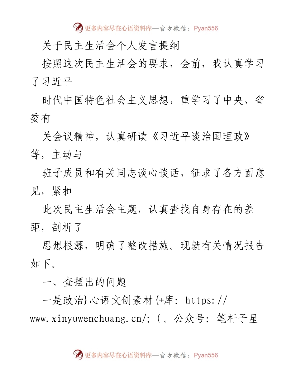 [发言] 民主生活会 - 深入剖析自身问题与整改措施.docx_第1页
