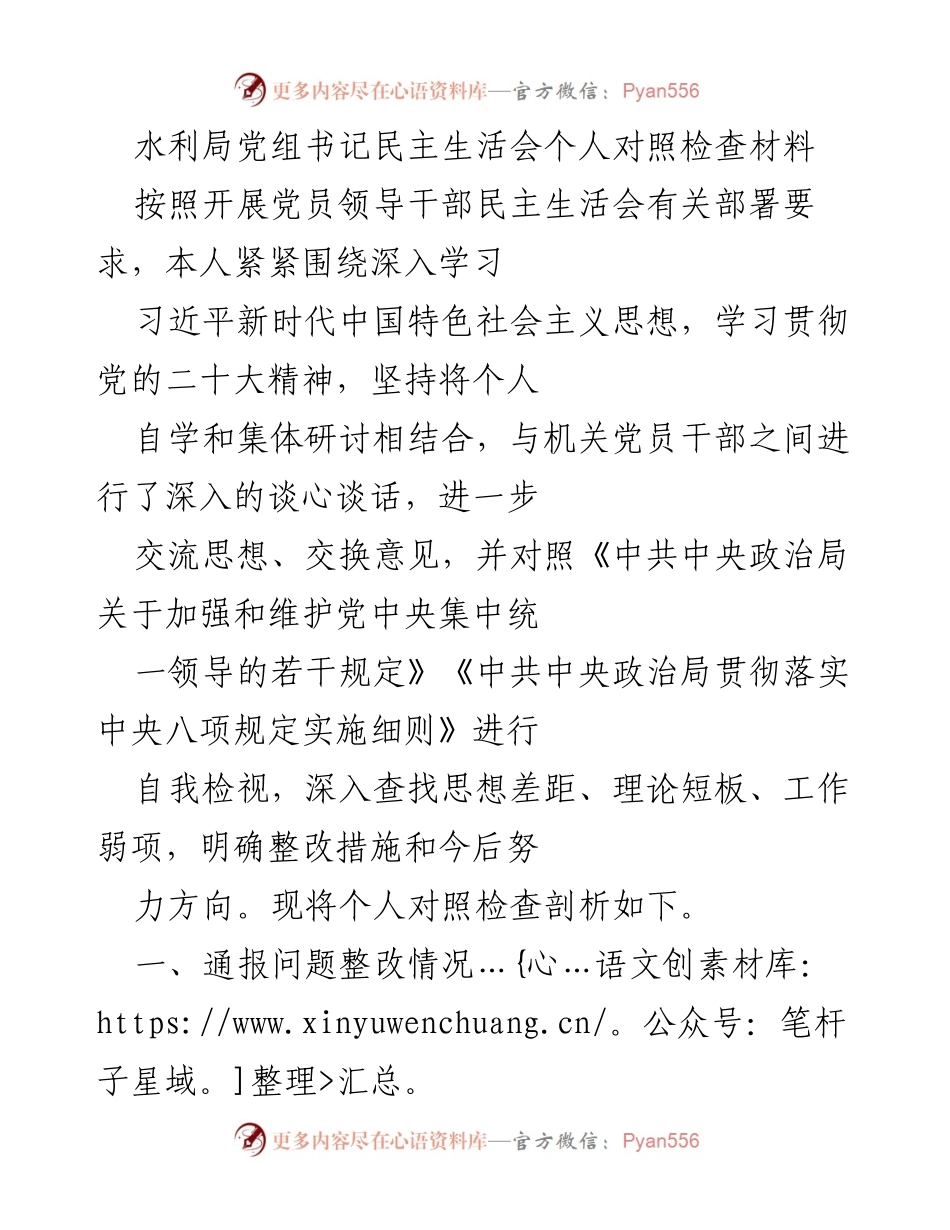 [发言] 水利局党组书记民主生活会 - 个人对照检查材料剖析与整改措施.docx_第1页