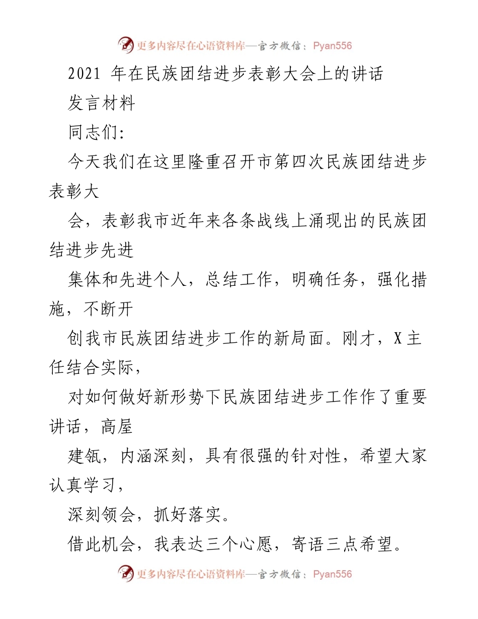 [发言] 民族团结进步表彰大会 - 深化民族团结进步工作的重要性与希望.docx_第1页