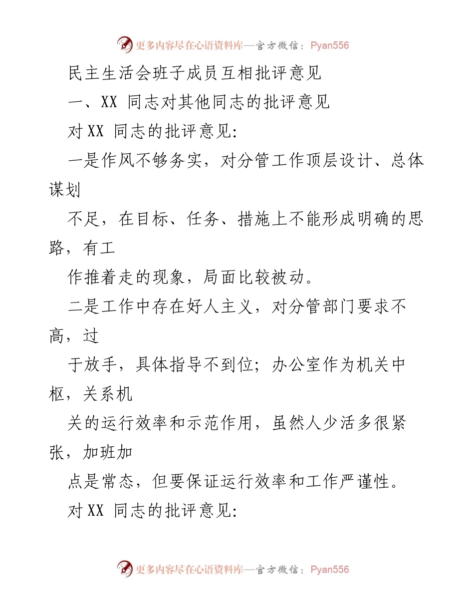 [发言] 民主生活会 - 班子成员互评中的批评意见总结.docx_第1页