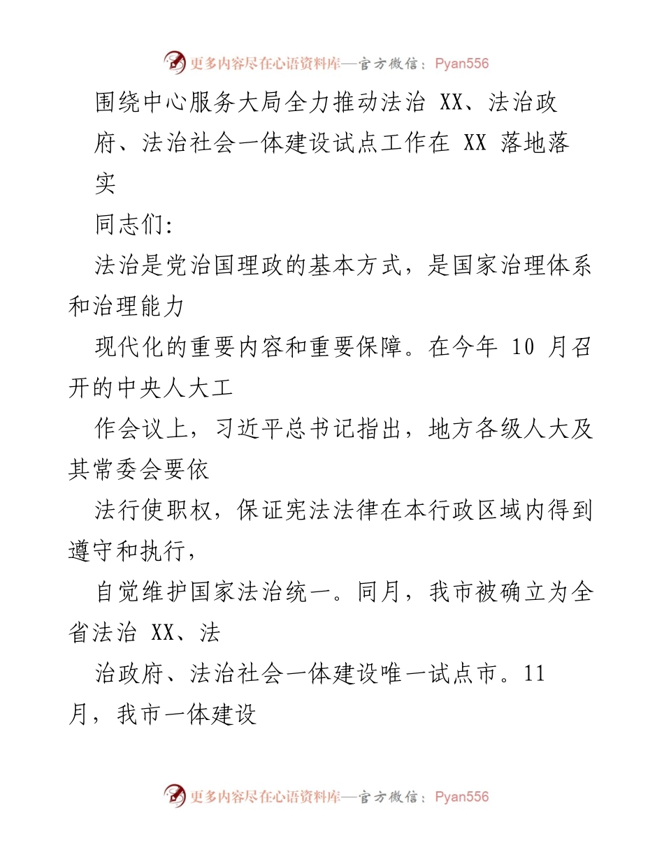 [发言] 法治建设动员大会 - 全力推动法治一体建设，服务高质量发展.docx_第1页