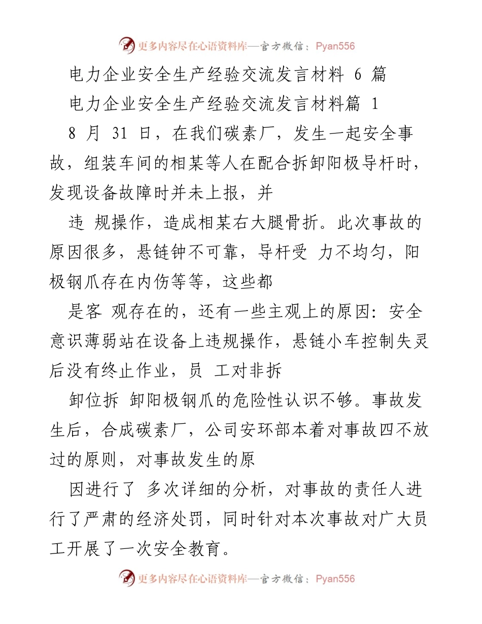 [发言] 电力企业安全生产经验交流 - 提升安全意识，杜绝事故发生.docx_第1页