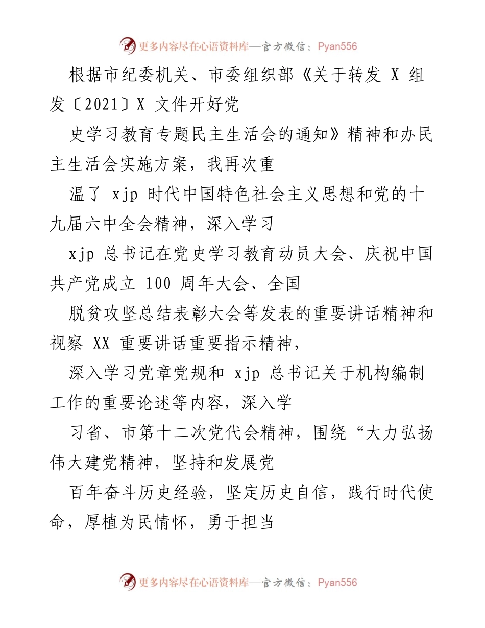 [发言] 民主生活会 - 深入学习贯彻党的精神，推动整改落实与自我反思.docx_第1页