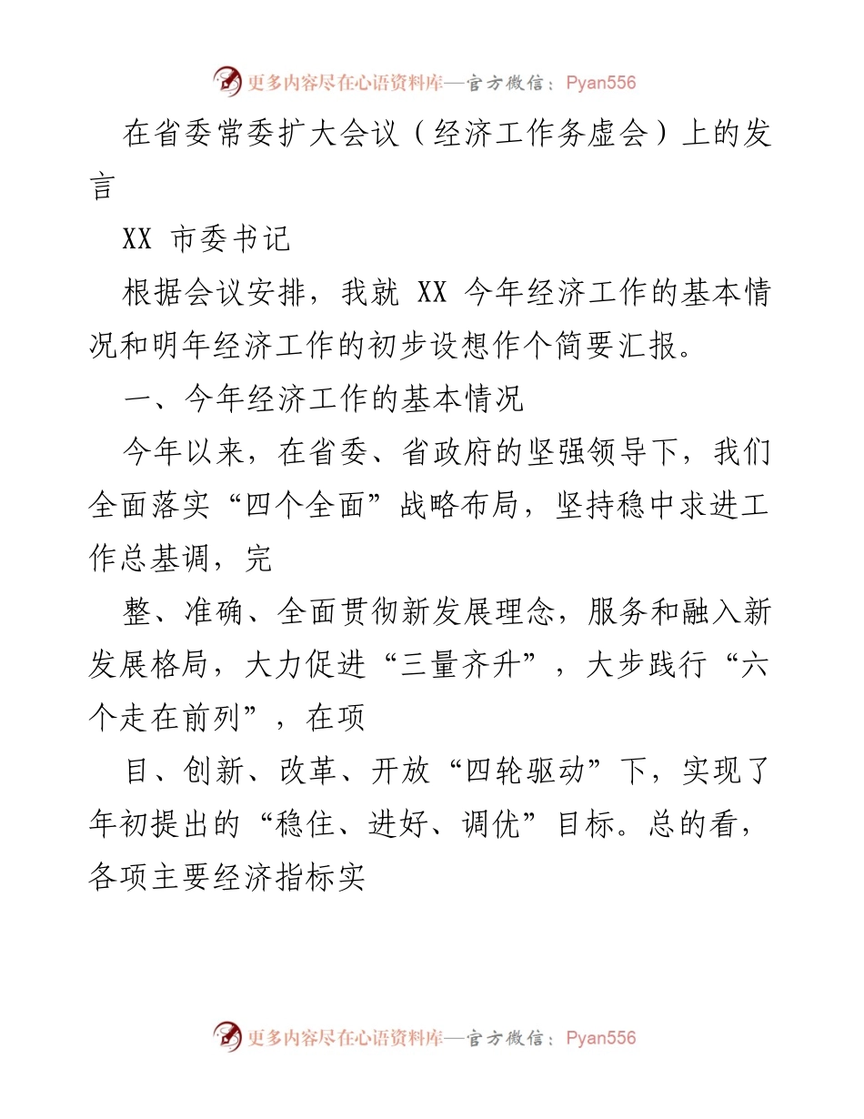 [发言] 省委常委扩大会议 - XX 市经济工作汇报及明年设想.docx_第1页