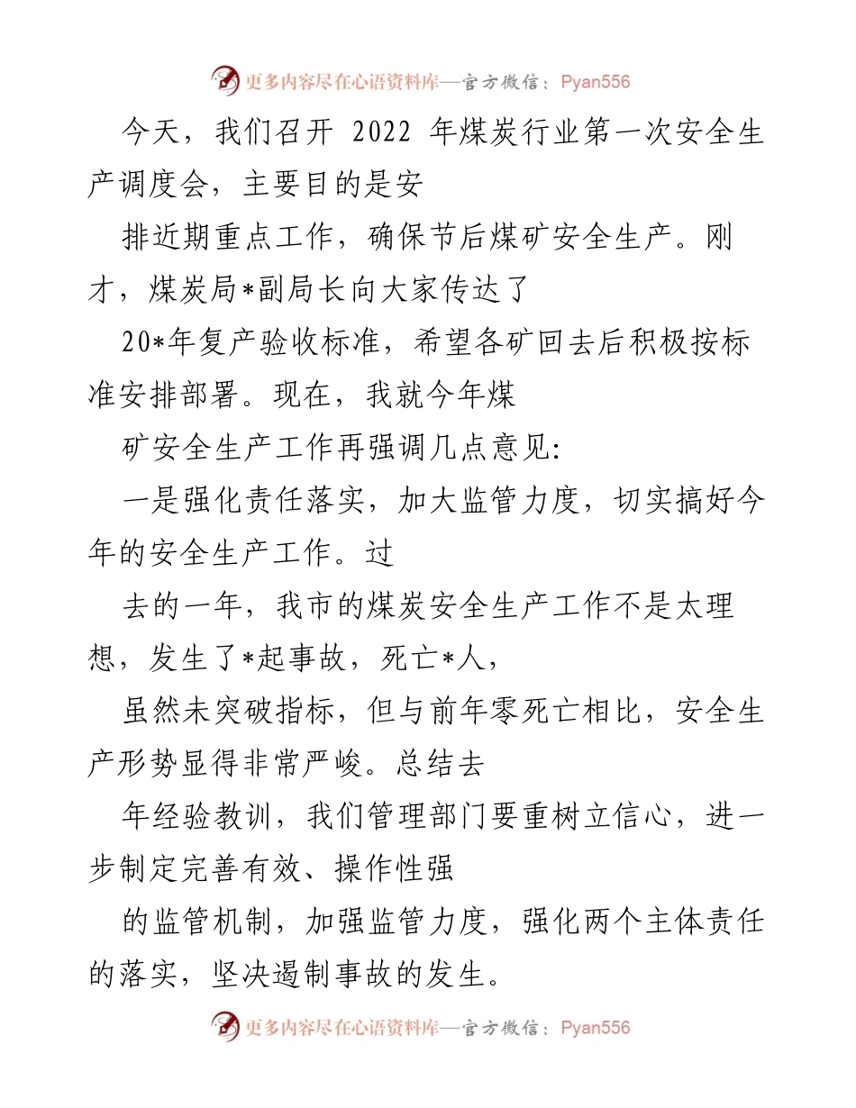 [发言] 煤炭行业安全生产调度会 - 加强煤矿安全生产责任与标准化建设.docx_第1页