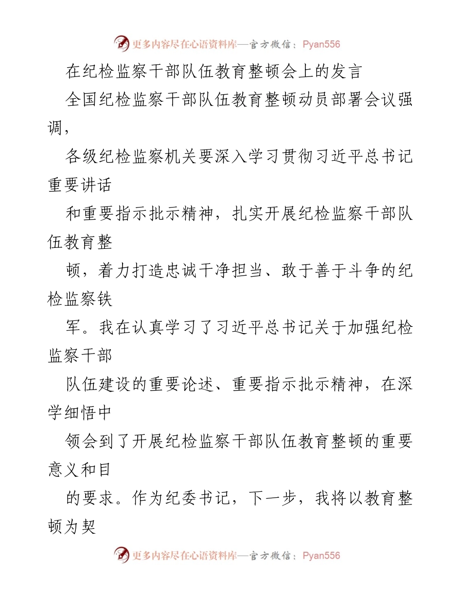 [发言] 纪检监察干部队伍教育整顿会 - 深入学习贯彻习近平总书记重要指示精神，打造忠诚干净担当的纪检监察铁军.docx_第1页