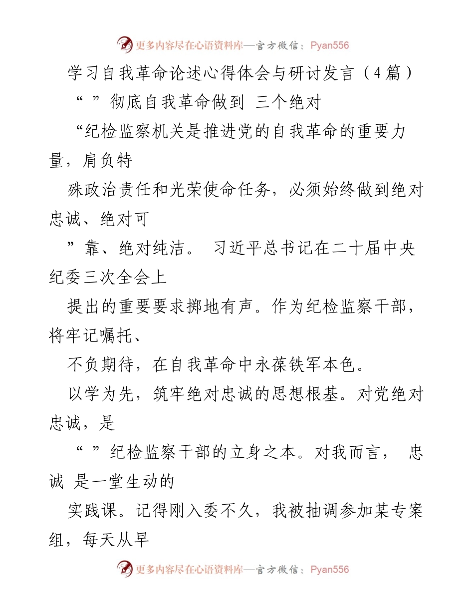 [发言] 纪检监察机关研讨会 - 深入自我革命，锤炼绝对忠诚与过硬本领.docx_第1页