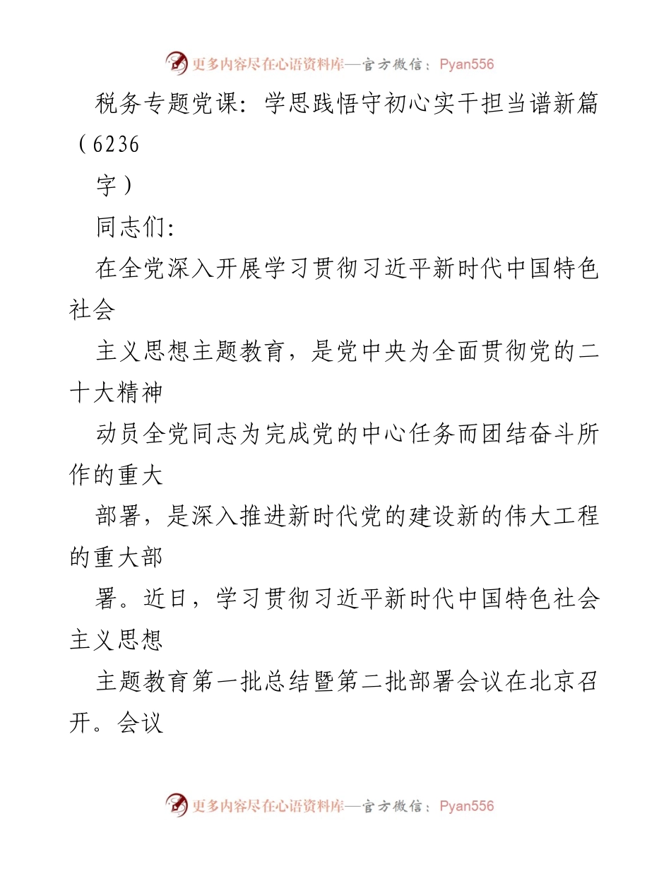 [发言] 税务专题党课 - 深入学习贯彻习近平新时代中国特色社会主义思想，铸牢党员信念.docx_第1页