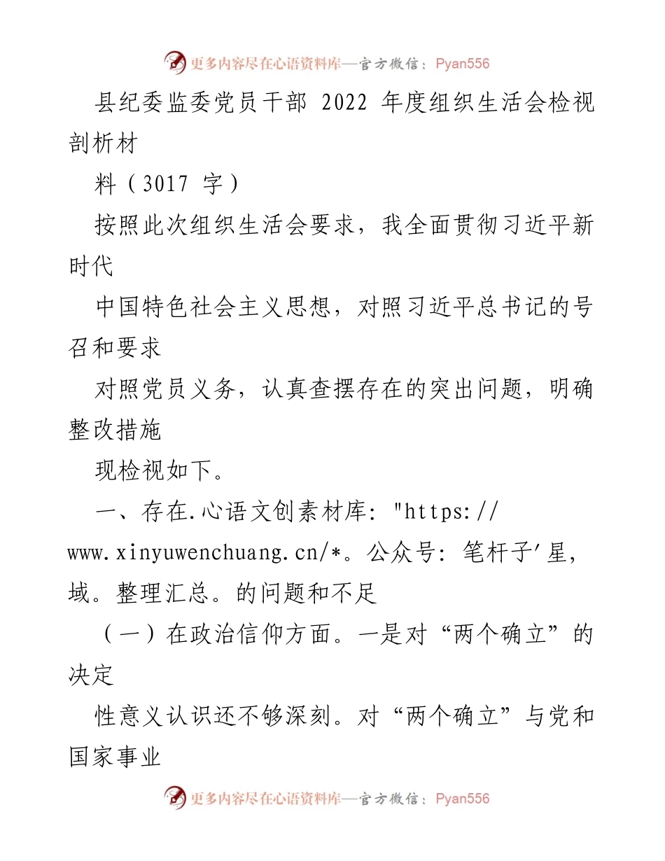 [发言] 组织生活会 - 2022年度党员干部自我检视与整改分析报告.docx_第1页