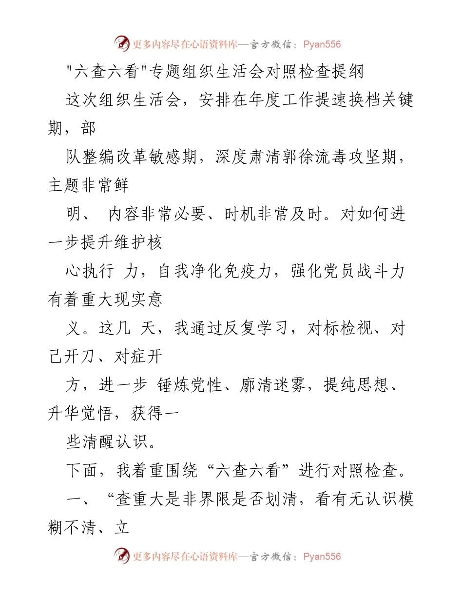[发言] 组织生活会 - _六查六看_专题组织生活会对照检查总结.docx_第1页