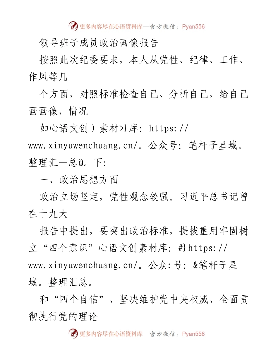 [发言] 纪委会议 - 领导班子成员政治画像自我检视报告.docx_第1页