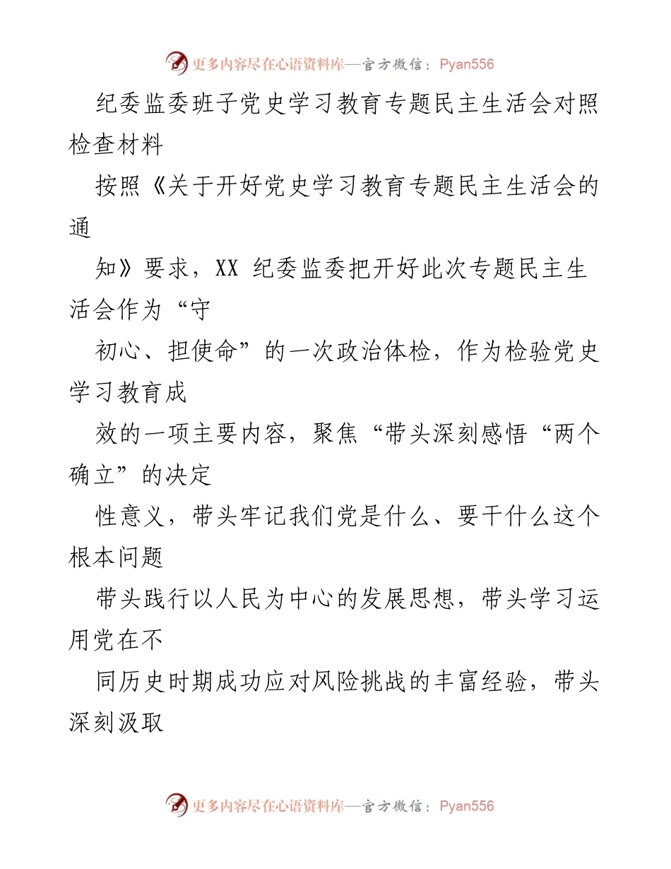 [发言] 纪委监委班子党史学习教育专题民主生活会 - 深刻检视问题，推动党史学习教育成效转化.docx_第1页