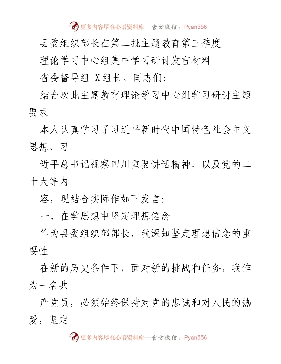 [发言] 第二批主题教育第三季度理论学习中心组集中学习研讨 - 坚定理想信念，提升工作能力：县委组织部长的学习与实践分享.docx_第1页