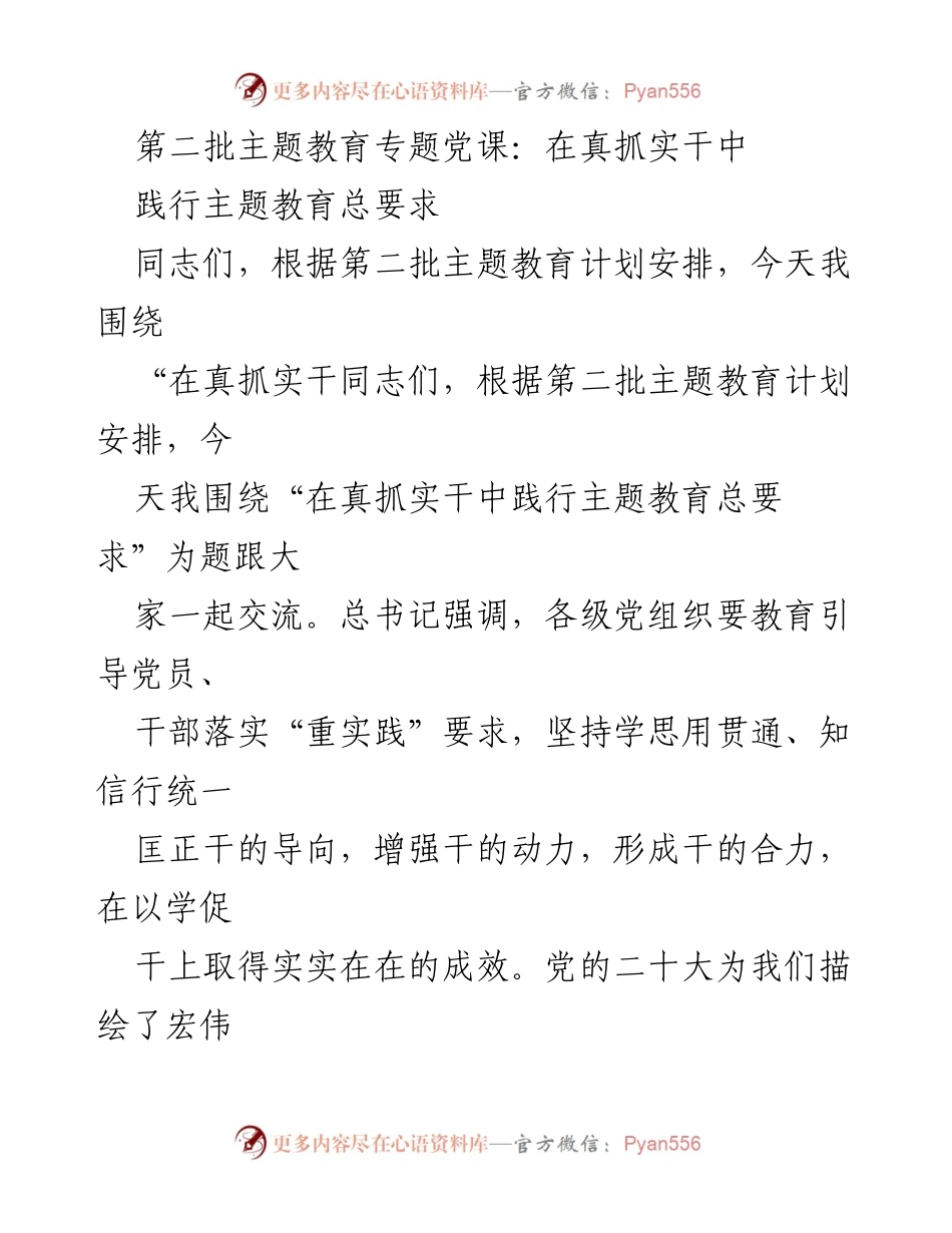 [发言] 第二批主题教育专题党课 - 在真抓实干中践行主题教育总要求.docx_第1页