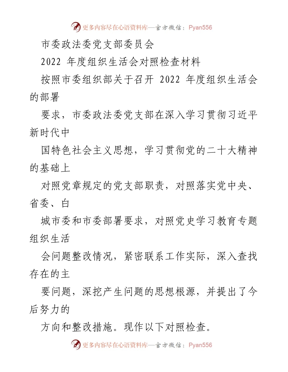 [发言] 组织生活会 - 2022年度市委政法委党支部组织生活会对照检查总结.docx_第1页