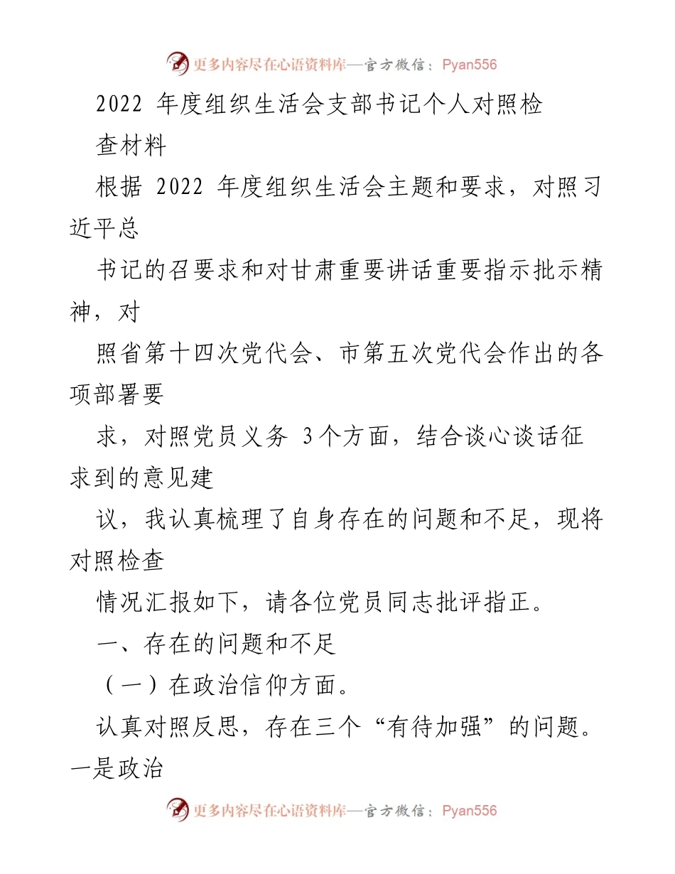 [发言] 组织生活会 - 2022年度支部书记个人对照检查材料总结_3.docx_第1页