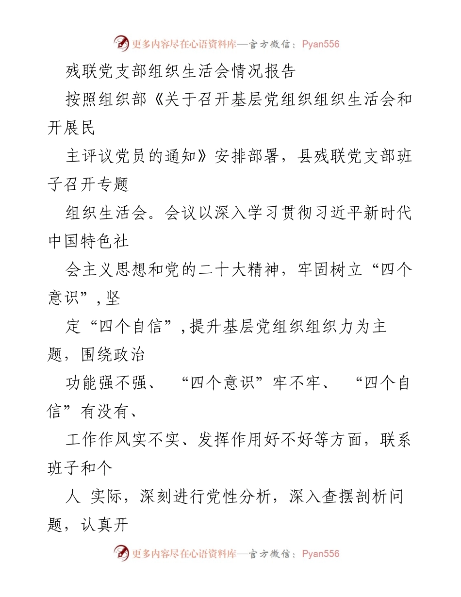 [发言] 组织生活会 - 残联党支部组织生活会情况报告.docx_第1页