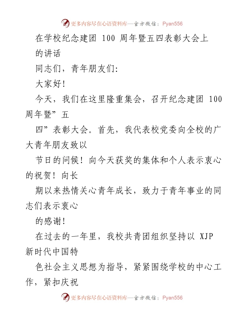 [发言] 纪念建团100周年暨五四表彰大会 - 青年奋进新时代，传承五四精神.docx_第1页