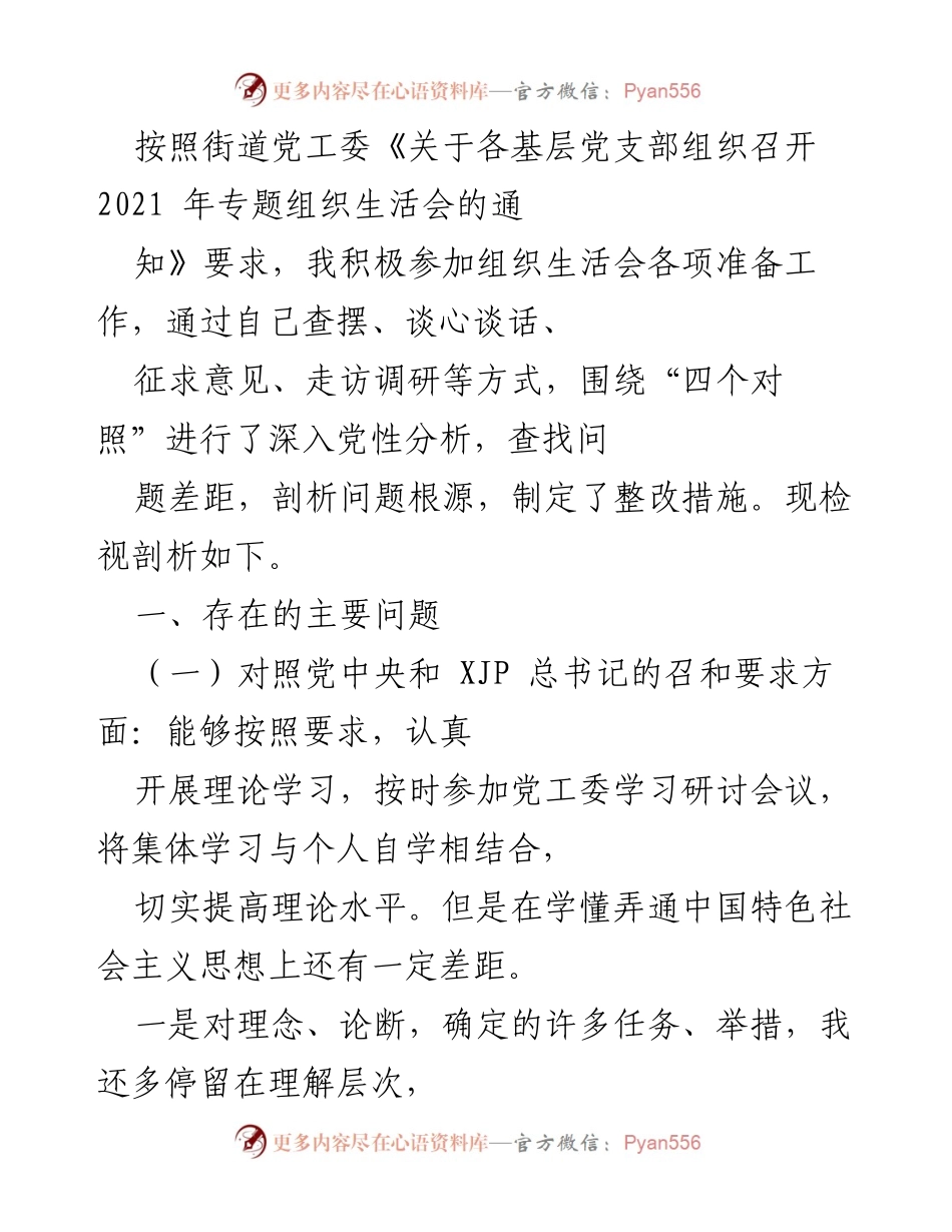 [发言] 组织生活会 - 2021年专题组织生活会个人检视与整改措施总结.docx_第1页