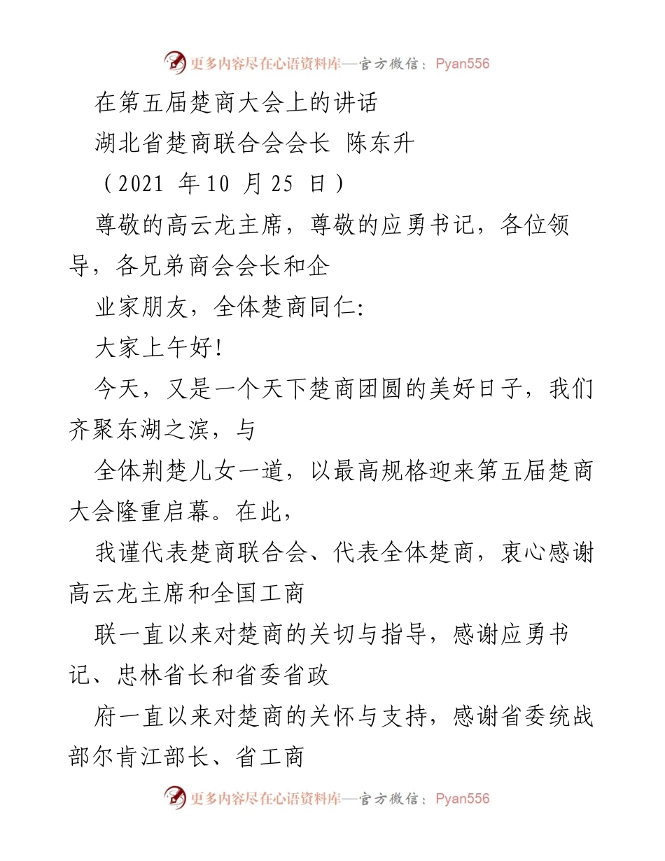 [发言] 第五届楚商大会 - 楚商的团结与贡献：重振湖北经济的力量.docx_第1页