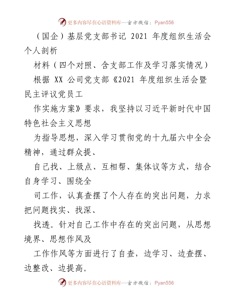 [发言] 组织生活会 - 2021年度基层党支部书记个人剖析报告.docx_第1页