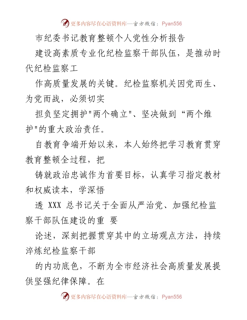 [发言] 纪检监察干部教育整顿 - 市纪委书记个人党性分析报告.docx_第1页