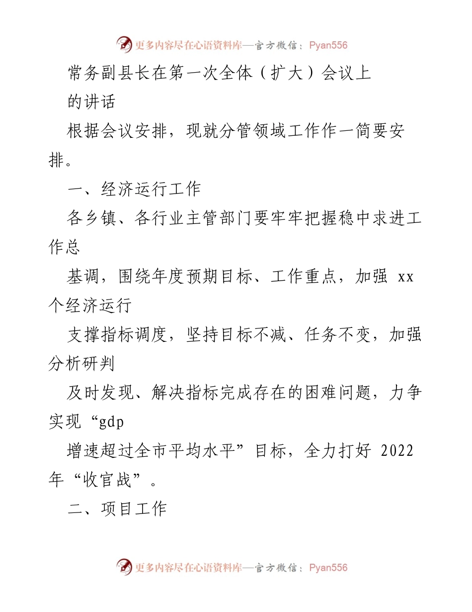 [发言] 第一次全体（扩大）会议 - 常务副县长讲话：推动经济高质量发展与项目落实.docx_第1页