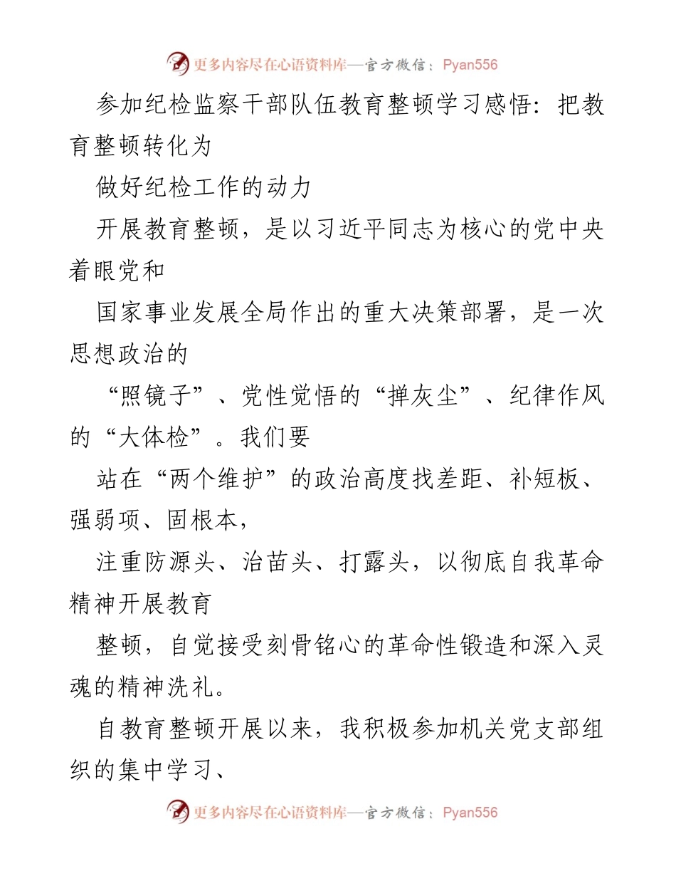 [发言] 纪检监察干部教育整顿学习 - 转化教育整顿为纪检工作动力的思考与实践.docx_第1页