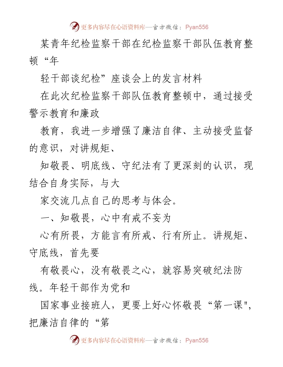 [发言] 纪检监察干部队伍教育整顿座谈会 - 年轻干部的廉洁自律与责任担当.docx_第1页