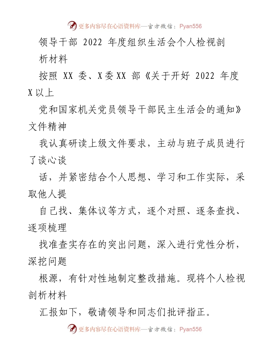 [发言] 组织生活会 - 2022年度领导干部个人检视剖析报告.docx_第1页