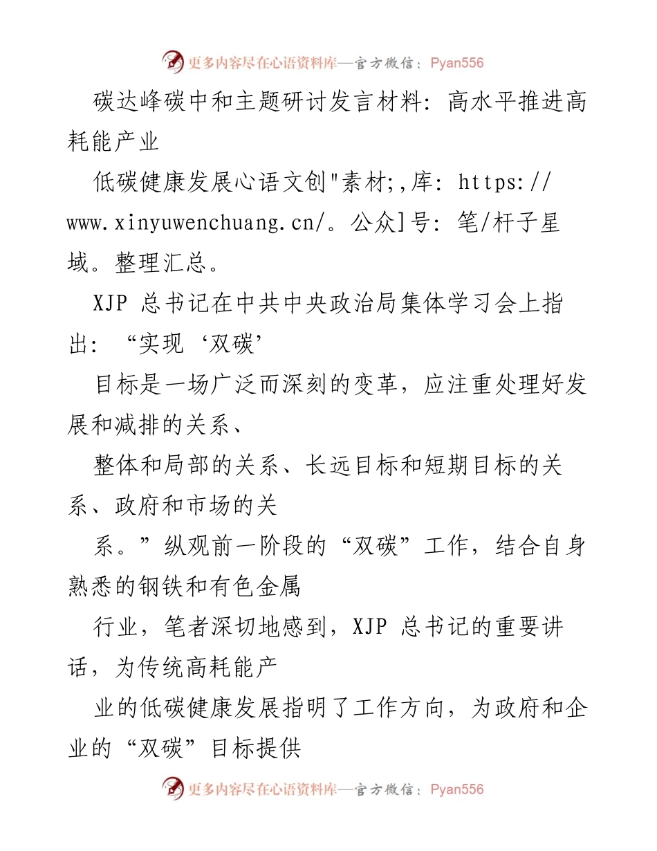 [发言] 碳达峰碳中和主题研讨会 - 推动高耗能产业低碳健康发展的新路径.docx_第1页