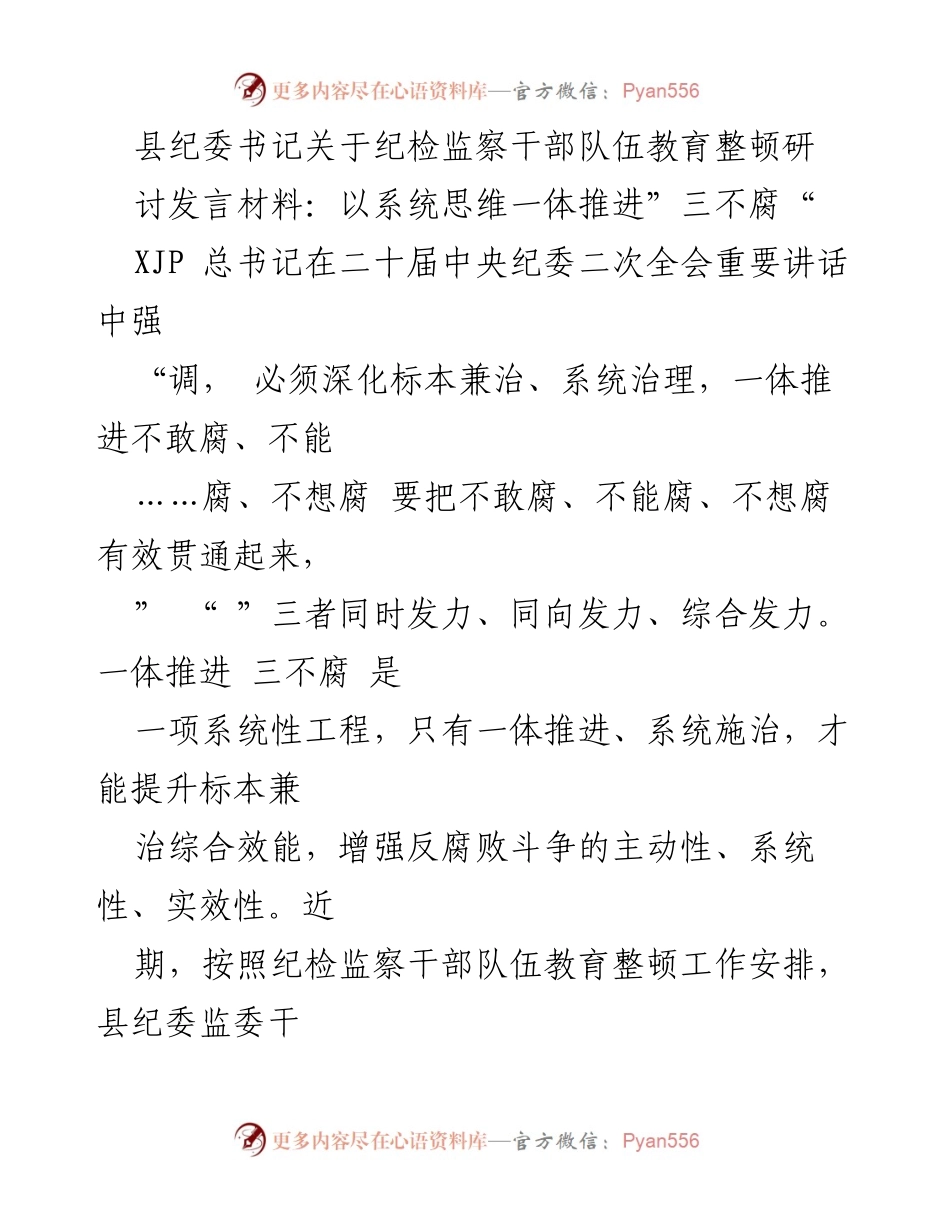 [发言] 纪检监察干部队伍教育整顿研讨会 - 深入推进“三不腐”体系的系统思维与实践探索.docx_第1页