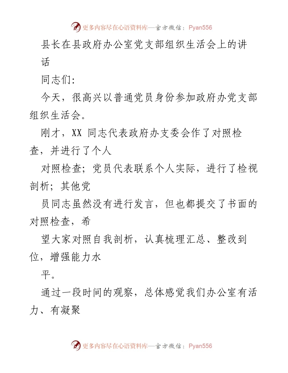 [发言] 组织生活会 - 县长在党支部组织生活会上的讲话要点与工作要求.docx_第1页