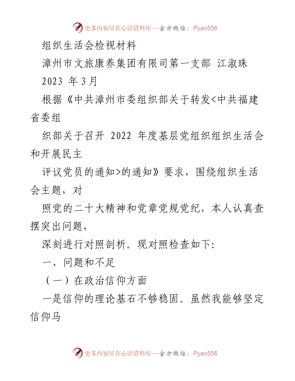 [发言] 组织生活会 - 组织生活会检视材料总结与反思.docx_第1页