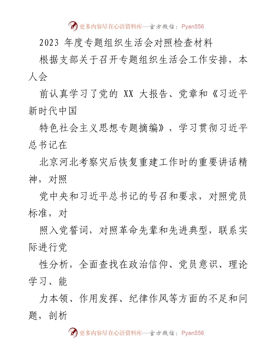 [发言] 组织生活会 - 2023年度专题组织生活会对照检查与整改措施.docx_第1页