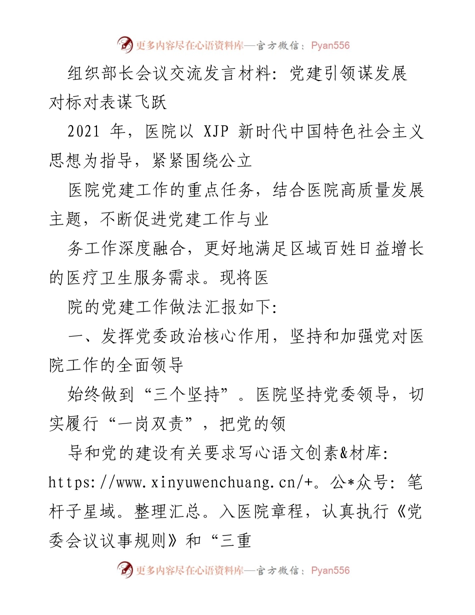 [发言] 组织部长会议 - 党建引领高质量发展，推动医院全面提升.docx_第1页