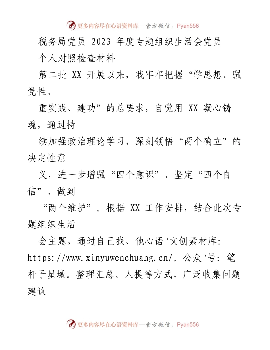 [发言] 税务局党员年度专题组织生活会 - 2023年度党员个人对照检查材料剖析.docx_第1页