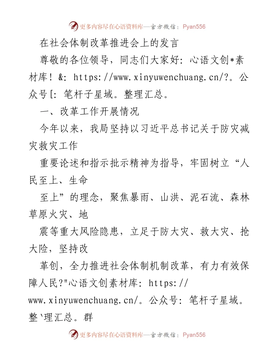 [发言] 社会体制改革推进会 - 加强应急管理体系建设，保障人民生命财产安全.docx_第1页
