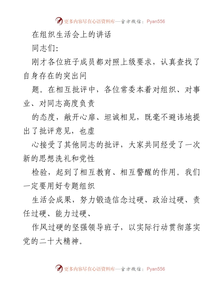 [发言] 组织生活会 - 加强政治建设，推动整改落实，促进高质量发展.docx_第1页