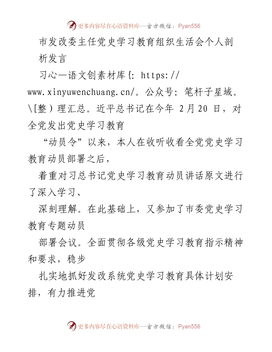 [发言] 组织生活会 - 市发改委主任党史学习教育个人剖析发言.docx_第1页