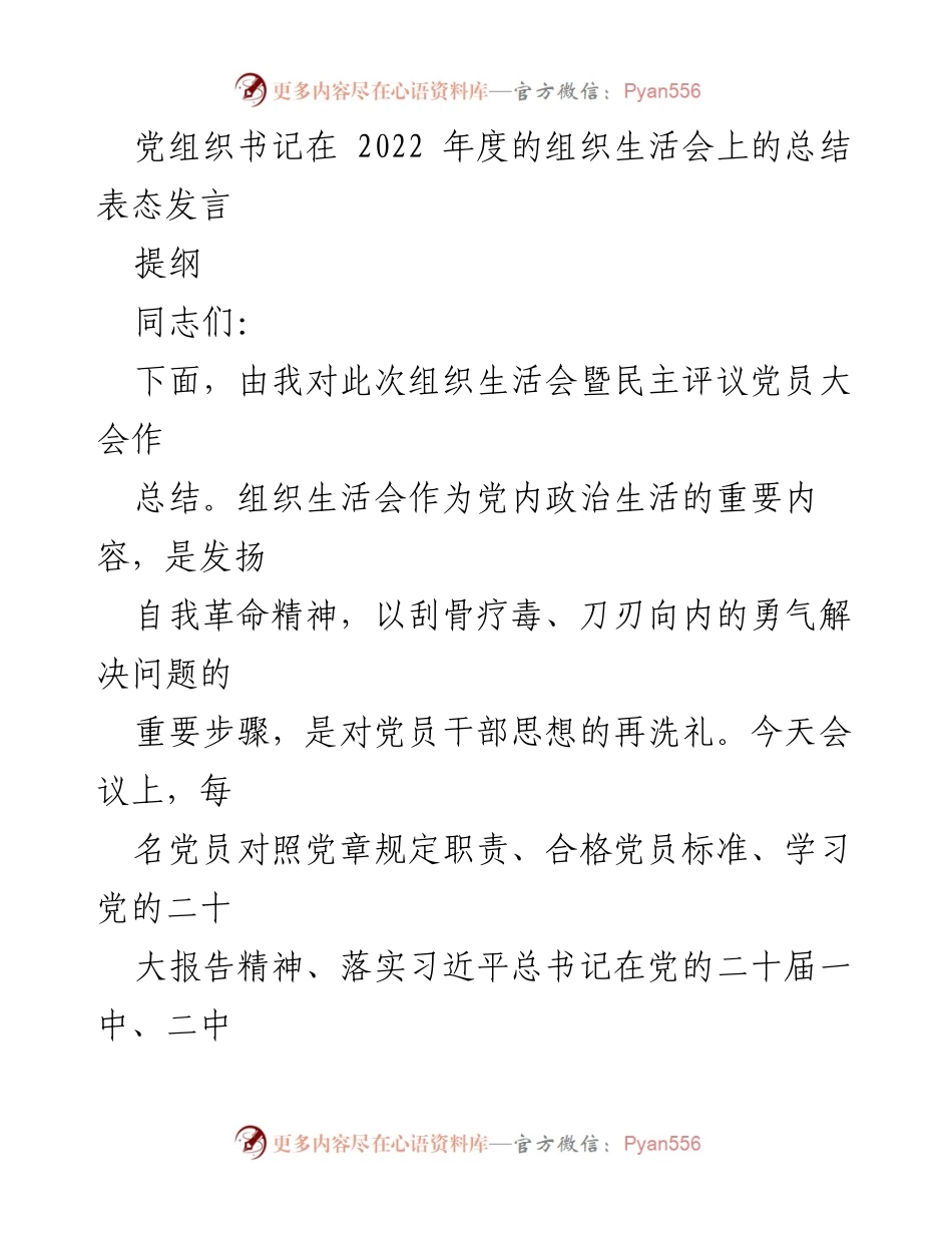[发言] 组织生活会 - 2022年度组织生活会总结与整改措施发言.docx_第1页