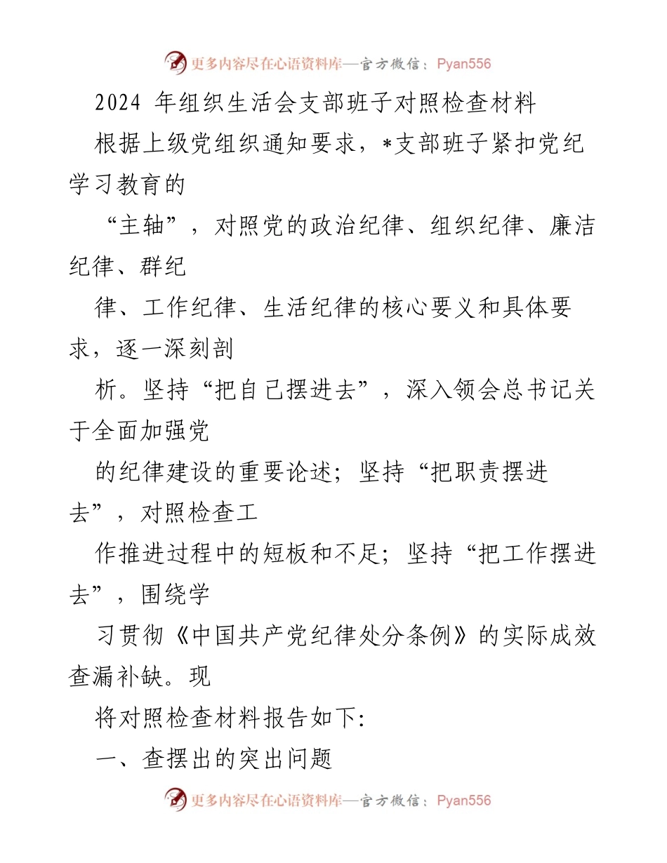 [发言] 组织生活会 - 2024年支部班子对照检查材料分析.docx_第1页