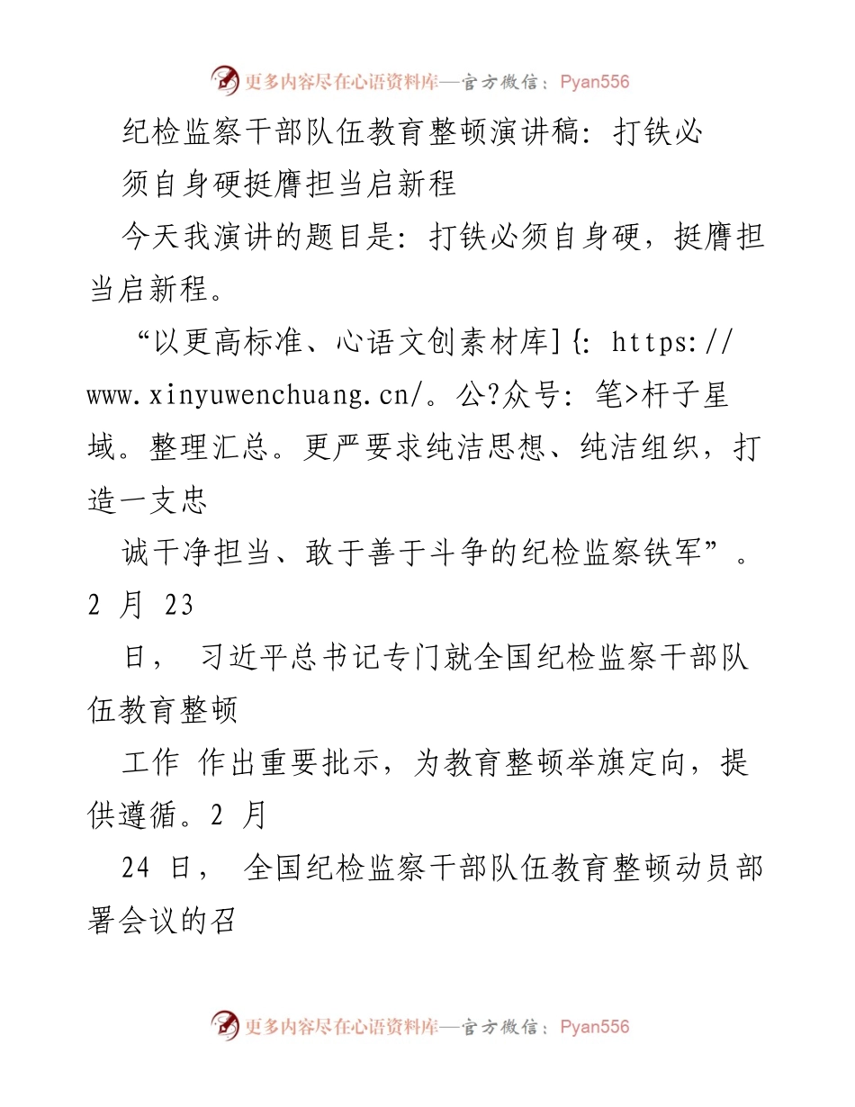 [发言] 纪检监察干部队伍教育整顿动员会议 - 打铁必须自身硬，挺膺担当启新程.docx_第1页