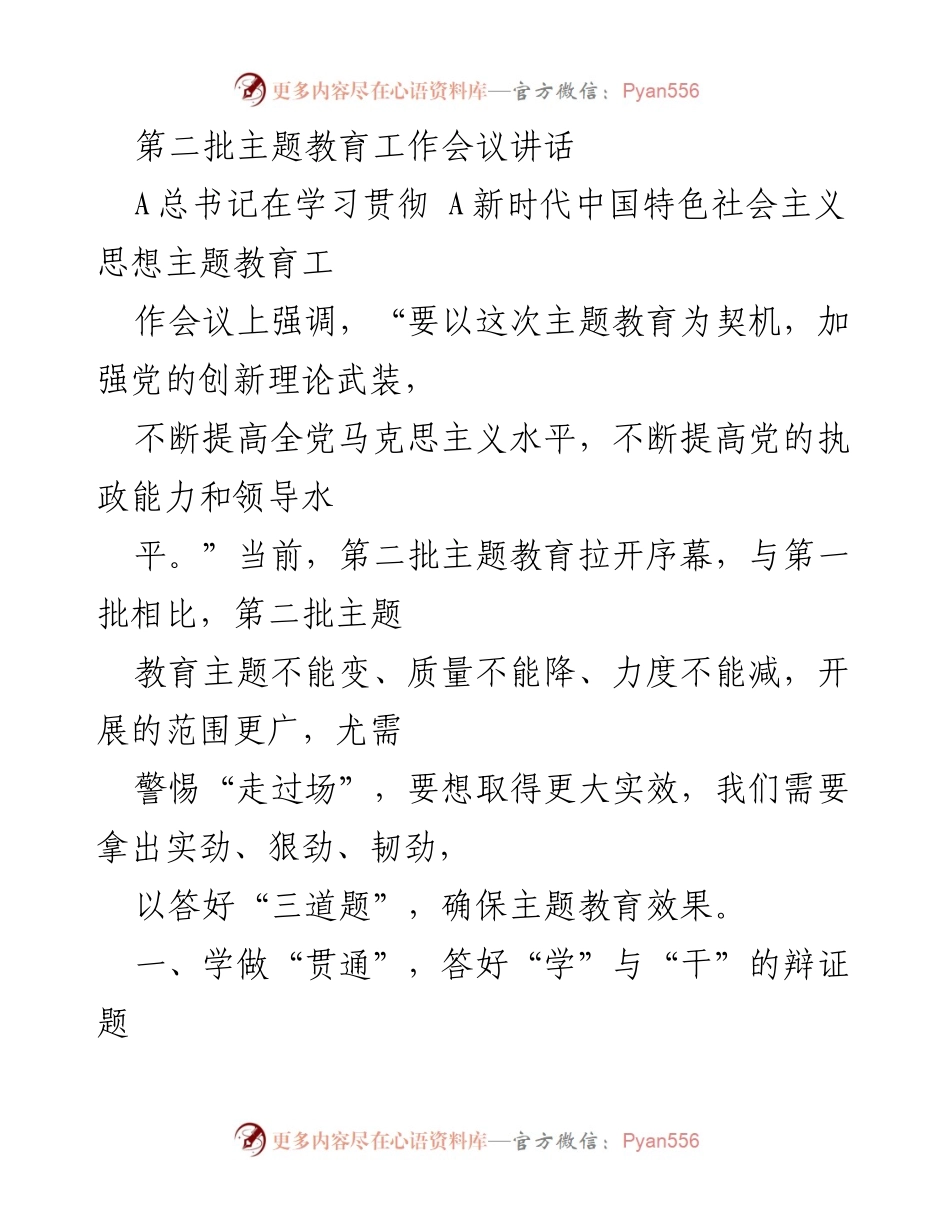 [发言] 第二批主题教育工作会议 - 加强党的创新理论武装，提升执政能力与领导水平.docx_第1页