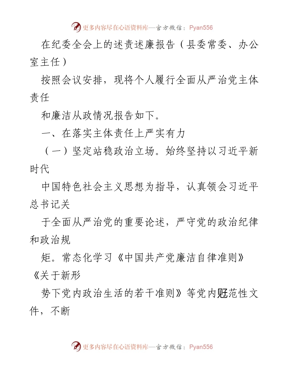 [发言] 纪委全会 - 述责述廉报告：落实全面从严治党的责任与措施.docx_第1页
