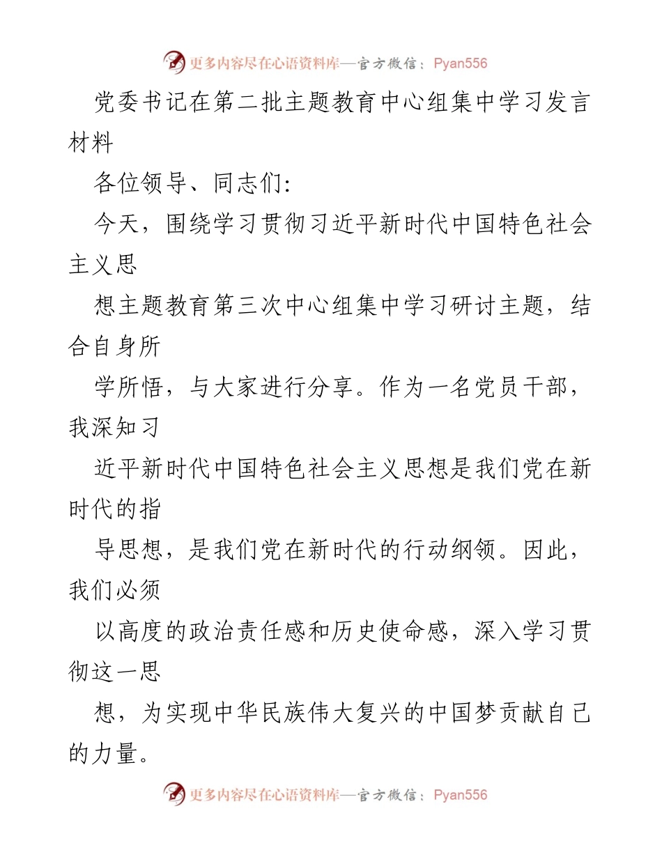 [发言] 第二批主题教育中心组集中学习 - 深入学习贯彻习近平新时代中国特色社会主义思想的重要性与实践路径.docx_第1页