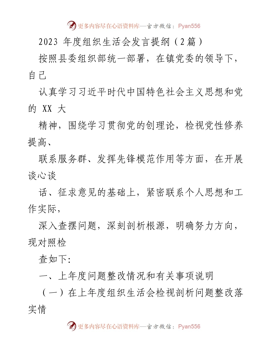 [发言] 组织生活会 - 2023年度组织生活会发言提纲.docx_第1页